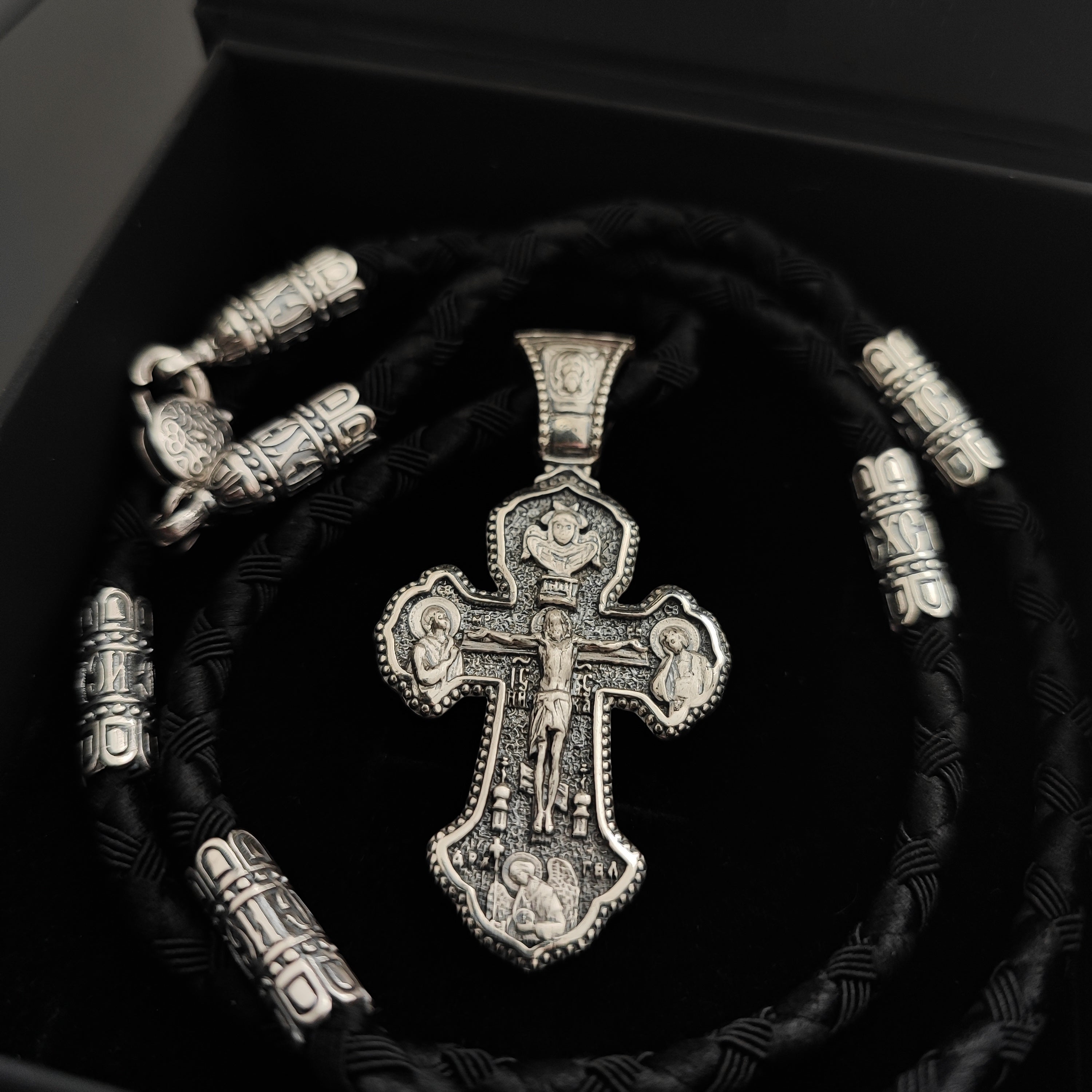 Set of men's orthodox cross and lace with blackening of sterling silver 846/4+Cr0186