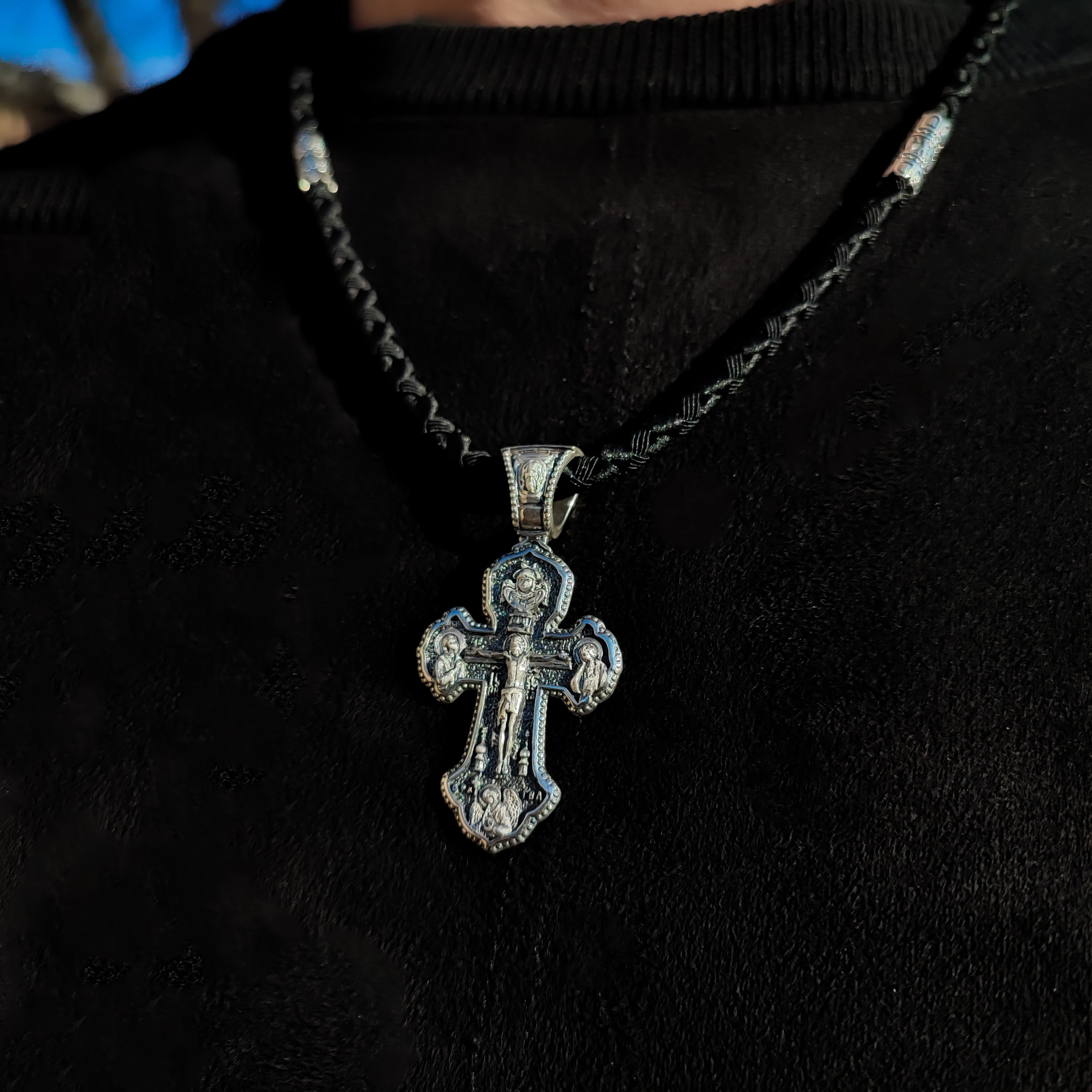 Set of men's orthodox cross and lace with blackening of sterling silver 846/4+Cr0186